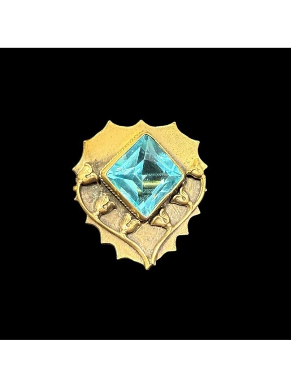 Art Nouveau Floral Brass Square Cut Aqua Crystal Brooch C Clasp Pin